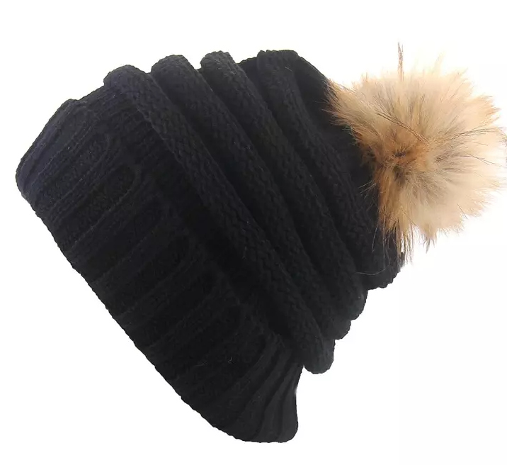 Adult Ski Cap w/ Pom Pom - Black - TCG Laser Blanks