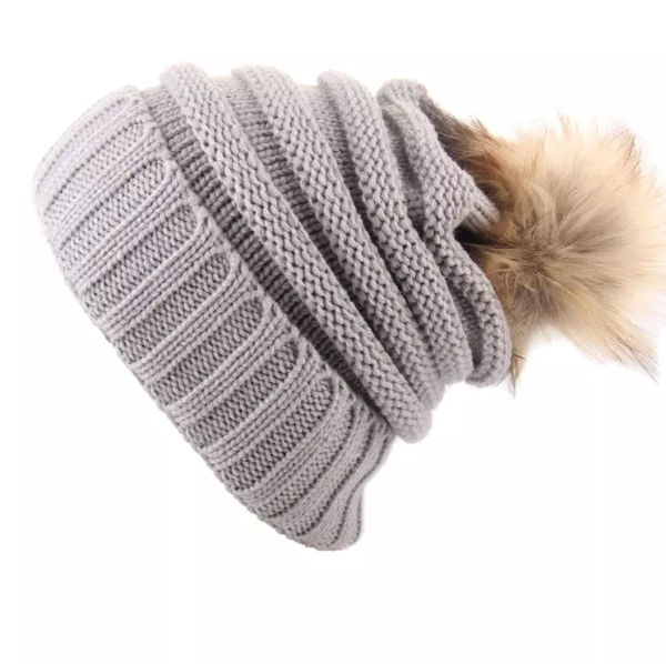 Kids Ski Cap w/ Pom Pom - Light Grey